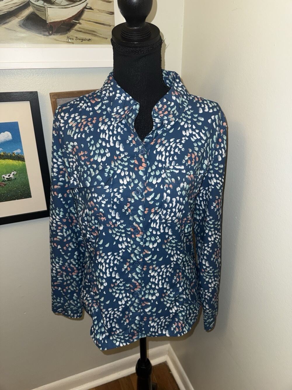 Silver Bait Women's Small Fishing Shirt Long Sleeve Blue Geometric Print UPF 50